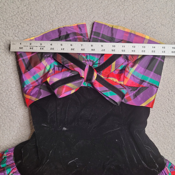 VTG Victor Costa Dress Womens 2 XS Velvet Plaid Strapless Bow Party Colorful 80s - Picture 12 of 13